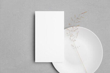 wedding menu card mockup with white plate and dry grass decoration, blank mockup with copy space
