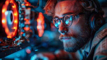 Canvas Print - Paint a scene of a technician troubleshooting and repairing a malfunctioning graphics card GPU in a gaming computer, ensuring smooth