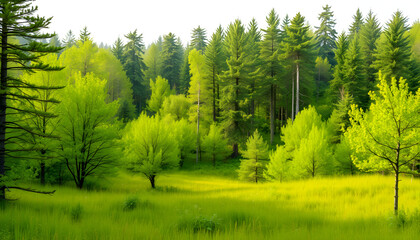 Wall Mural - Green Forest Landscape With Trees and Grass isolated with white highlights, png