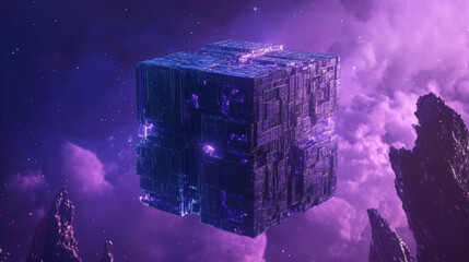 A three-dimensional cube-like structure with a futuristic design floats in space against a purple backdrop.