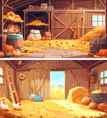 Sticker - Chickens farm cartoon vector scenes. Barnyard straw bales hay pumpkin sacks ladder nests window planks aged rural wood storage interior countryside concepts