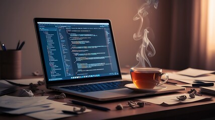 an overhead view of a desk setup with a laptop displaying code, a cup of coffee, and notes scattered