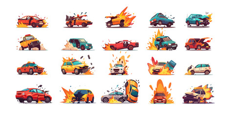 Sticker - Collided cars cartoon vector collection. Hatchback sedan crash roadway mishap impaired scorched blaze blast debris shattered mangle vehicles automobiles, driving traffic alerts isolated illustrations