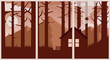 set of cabin homes in the middle of forest with beautiful natural views vintage poster illustration design