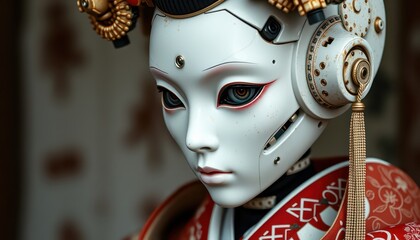 Poster - Close-up Portrait of a Geisha Robot