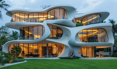 A striking modernist mansion showcasing organic architecture at dusk in a tranquil tropical setting