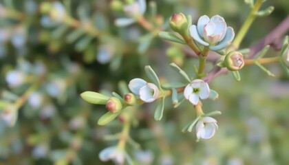 Poster - Delicate White Flowers on a Green Branch.