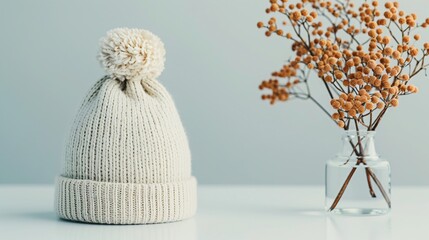 Canvas Print - Wintery White Beanie with Dried Flowers in a Vase