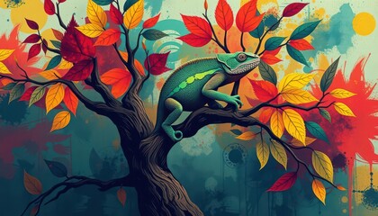 Sticker - Chameleon on a Branch with Autumn Leaves.