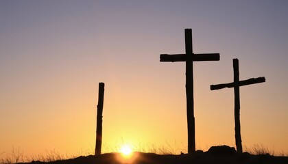 Wall Mural - Three Wooden Crosses at Sunset.