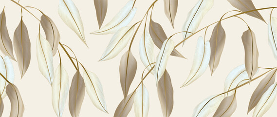 Poster - Botanical art background with leaves on a branch hand drawn in beige colors with line elements. Vector plant banner for decor, print, wallpaper, interior, cover, postcard, invitation