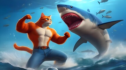 giant orange cat battling a shark in the sea