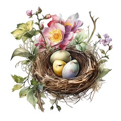 Spring bird nest watercolor illustration, spring clipart