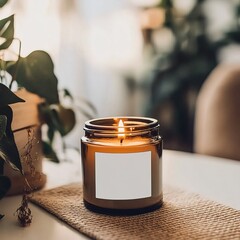 Wall Mural - Candle jar mockup, burning candle mockup with white label, scented candle template in cozy home interior