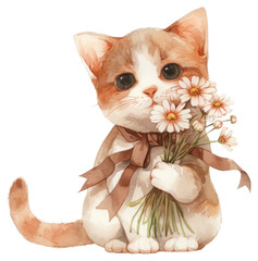 Canvas Print - PNG  Cute kitten holding flowers