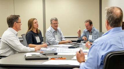 Wall Mural - Generate a photo realistic image of employees participating in a safety culture workshop, with safety culture assessment tools, teamwork exercises, and safety improvement ideas visible