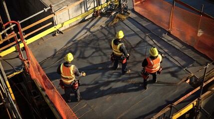 Wall Mural - generate a photo realistic image of workers deploying safety equipment such as guardrails, safety ne