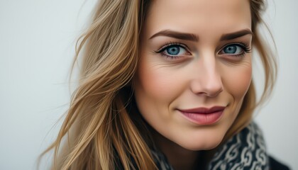 Wall Mural - Portrait of a Woman with Blue Eyes and a Gentle Smile.