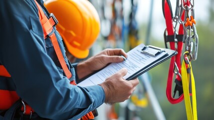 Wall Mural - Generate a photo realistic image of a technician inspecting safety equipment such as harnesses and helmets, with detailed inspection tools and safety checklist in hand