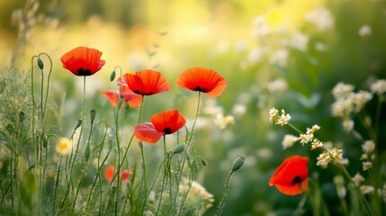 Poster - Beautiful blooming red poppies in a grassy meadow. Captured in soft morning light, the flowers stand out gracefully. Perfect for nature, floral, and background purposes. AI