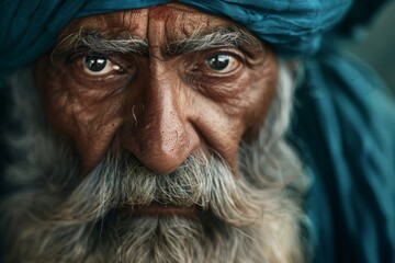 Close-up portrait of an elderly man with a blue turban and expressive eyes. Cultural photography