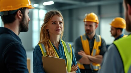 Wall Mural - generate a photo realistic image of new employees undergoing safety orientation, with safety handboo