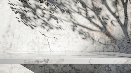 Poster - White Marble Table with Tree Shadow on Concrete Wall Background in Rose Gold Color for Product Presentation.