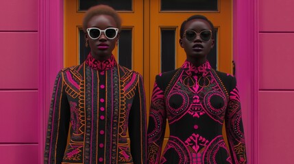 two women in intricately designed, bold, patterned outfits stand against a vibrant, geometric backgr