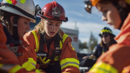 Wall Mural - generate a photo realistic image of workers training on emergency response procedures, with emergenc