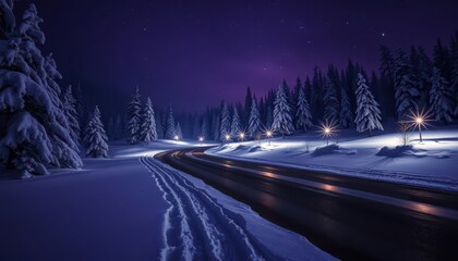 Poster - Nighttime Road Through Snowy Forest.