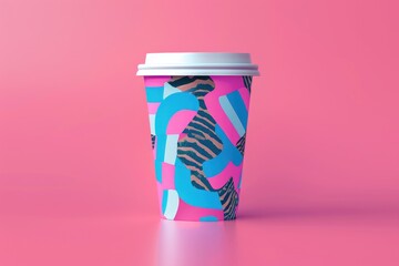 Wall Mural - A cup of coffee on a bright pink surface, perfect for a morning pick-me-up