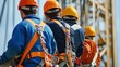 © Chayna - Generate a photo realistic image of workers receiving training on fall protection, with fall arrest systems, safety harnesses, and fall protection procedures visible