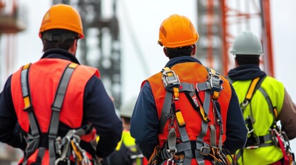 Generate a photo realistic image of workers receiving training on fall protection, with fall arrest systems, safety harnesses, and fall protection procedures visible