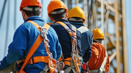 Wall Mural - generate a photo realistic image of workers receiving training on fall protection, with fall arrest 