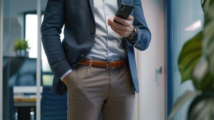 Wall Mural - A businessman holding a cell phone, possibly waiting or checking messages