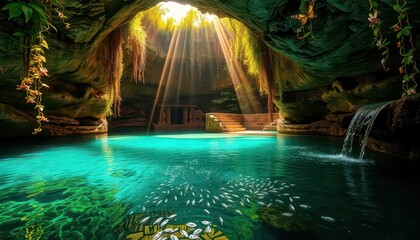 Sticker - Sunbeams Through a Cave Entrance with Waterfall and Fish.