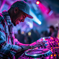 Professional happy DJ mixing tracks in a vibrant club, viewed from the side. Perfect for representing nightlife, music events, or DJ culture.