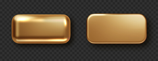 Gold rectangle button isolated. Golden design for empty emblem. Glossy golden metallic shape. 3D realistic vector shiny icon