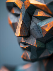 Wall Mural - A detailed view of a wooden sculpture with geometric shapes, showcasing deep textures and a warm, rich finish