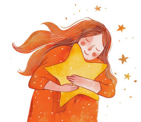 Wall Mural - Girl hugging star illustration