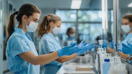 Wall Mural - generate a photo realistic image of workers receiving training on personal hygiene in the workplace,