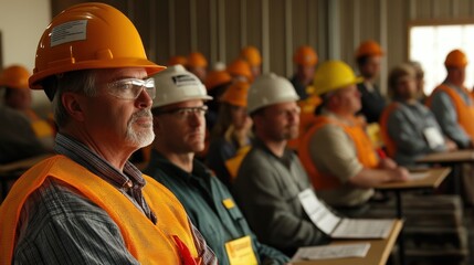 Wall Mural - generate a photo realistic image of workers participating in hazard communication training, with haz