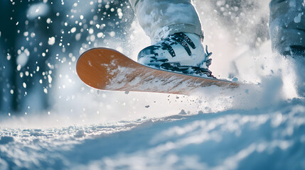 A snowboarder’s close-up of their board as it cuts through fresh powder, with the board’s edge and the snow being displaced captured in high detail.


