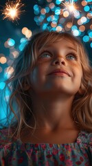 Poster - A young girl looks up at the sparkling lights. AI.