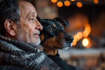 Poster - A man and his dog relax by a warm fireplace. AI.