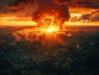 Wall Mural - A large explosion in a jungle at sunset. AI.