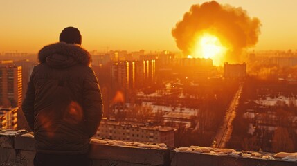 Poster - A lone figure observes the sunset over a cityscape. AI.