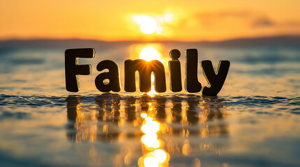 the word family is standing on a body of water reflecting the warm colors of the setting sun. the co