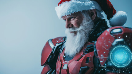 Santa claus is wearing a futuristic exoskeleton suit with glowing lights and digital interface while standing in front of a blue background