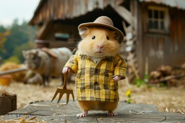 Sticker - A hamster in a plaid shirt and hat holds a small rake. AI.